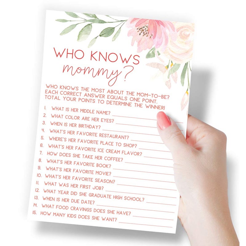 Printed Party Baby Shower Games â€“ Who Knows Mommy Best Game for Girl, Baby in Bloom Floral Theme, 50 Cards - Image 2